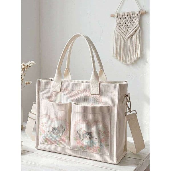 Cute Heart Frame Kitten Print Corduroy Tote Large Capacity Multi Pocket Cat Lover Commuter Shoulder Bag