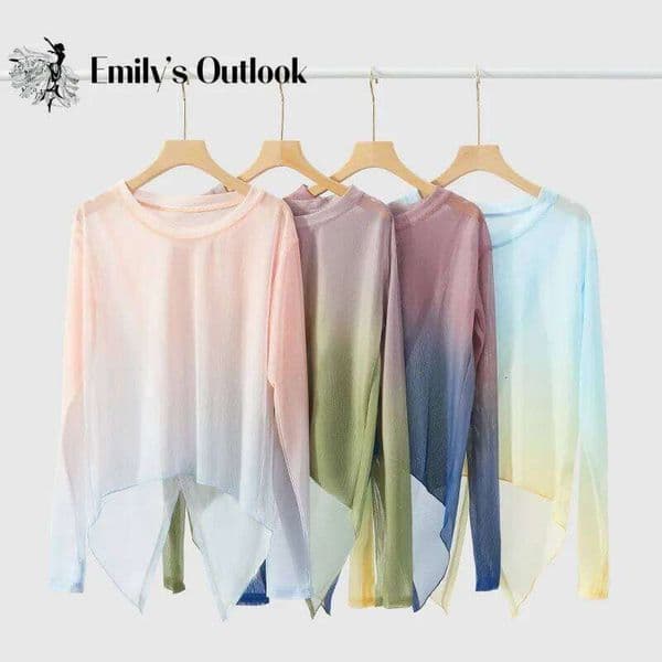 Gradient Gauze Women Classical Dance Practice Top Thumb Finger Hole Long Sleeve Folk Dancewear Sexy Transparent Asymmetrical