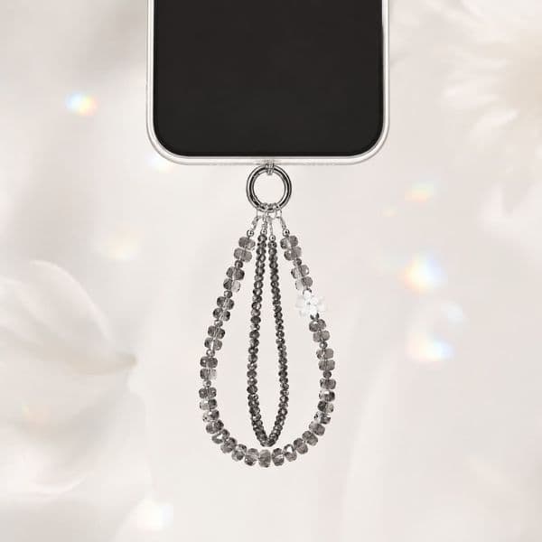 1 Pcs Grey Crystal Multi-strand Phone Charm Strap Wristlet Anti-drop Beaded Phone Lanyard with Flower Accent