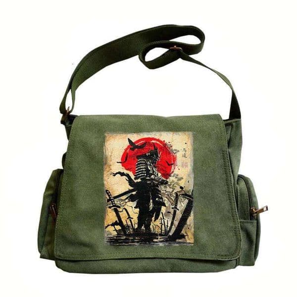 Retro Mens Messenger Canvas Samurai Print Large Capacity Laptop Daily Shoulder Crossbody Bag