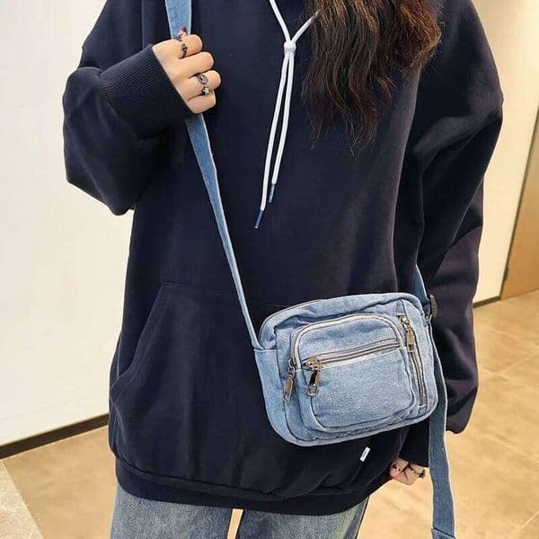 Classic Denim Multi Pocket Casual Small With Adjustable Shoulder Straps Zero Wallet Solid Color Fun Crossbody Bag