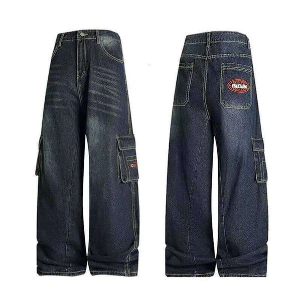 Women Curved Straight Wide Leg Cargo Jeans Young Girl Denim Trousers Vintage Street Multi-pockets Autumn Baggy High Waisted Pant