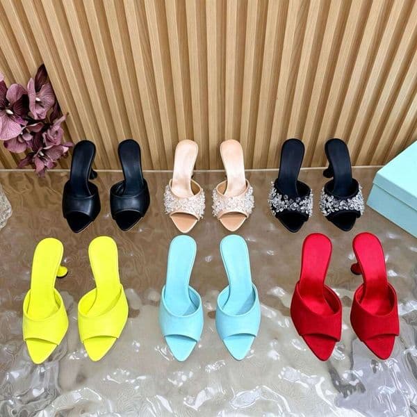 Top quality Leather fashion simple high Heel for women Open Toe Slide Sandals Summer Dress Luxury designer shoe women Bisous 65 Mules Slippers dance bridal wed shoes
