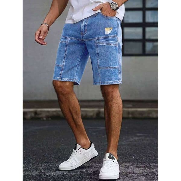 Men's Summer Loose Straight Denim American Workwear Patchwork Style Casual Cargo Mid-Rise Shorts
