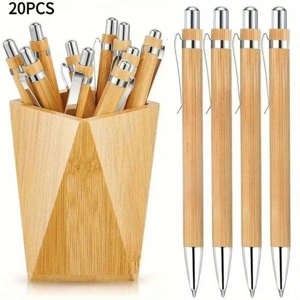 20Pcs Neutral Black Ink Work Bamboo And Wood Ballpoint Pens, Retractable Office Pens