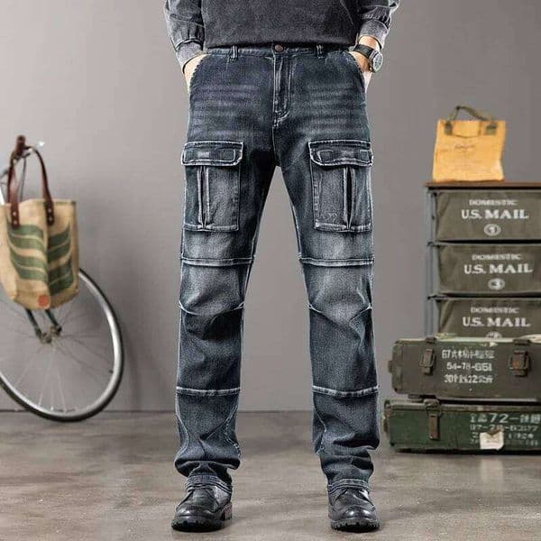 New styles Men's Outdoor Wide Leg Workwear Multi-Pocket Jeans Straight fit plus size men's jeans 42 44