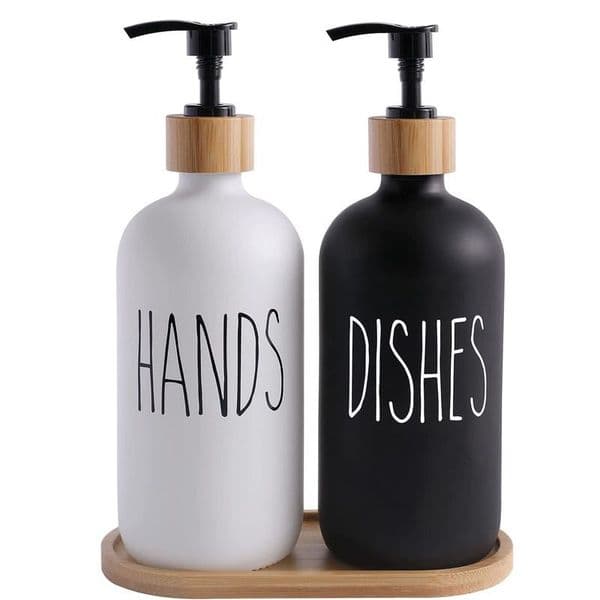 Glass Soap Dispenser with Bamboo Pumps and Tray 2 Pack 16oz Dish and Hand Soap Dispenser Set for Kitchen Bathroom