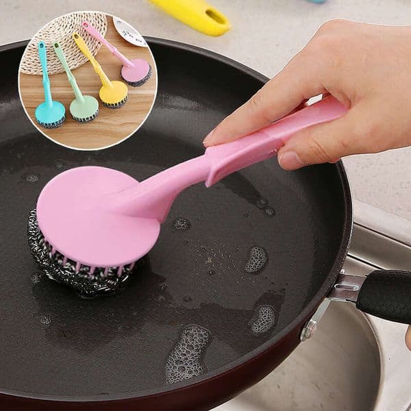 Detachable Long Handle Steel Wool Ball Pot Dish Kitchen Non-Damaging Non-Stick Oil Cleaning Brush