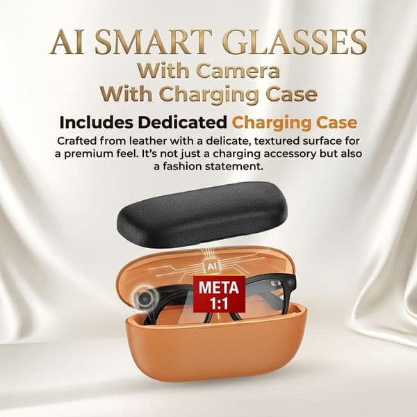 AI Smart Glasses with Camera, Charging Case, Anti-Blue Light Photochromic Lenses, 8MP Camera with Anti-Shake Video Recording, and AI Real-Time Translation
