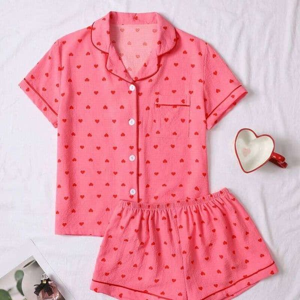 Fashionable Cute Women's Heart Print Pajama Set Short Sleeve Lapel Top And Comfy Elastic Shorts Perfect For Summer Sleepwear Pjs
