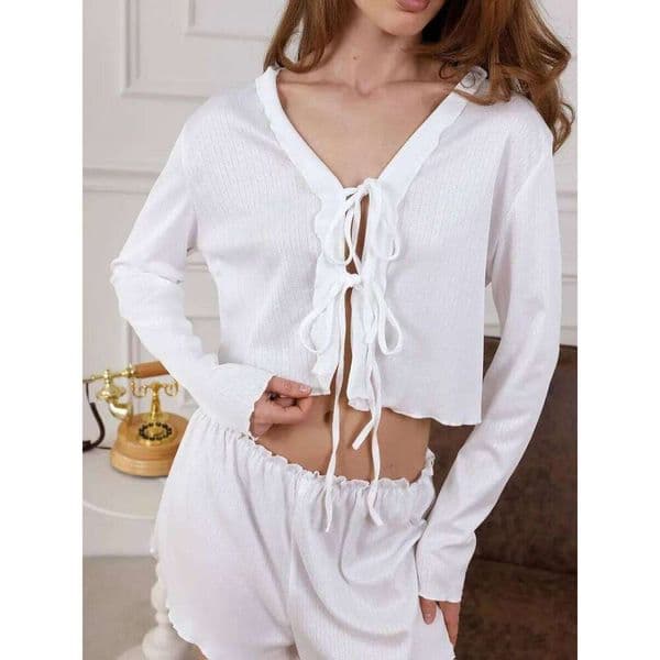 Women Pajamas Spring/summer New Sexy Cut-out Jacquard Set Cardigan Strappy Long-sleeved Top with Shorts Loungewear Pajama