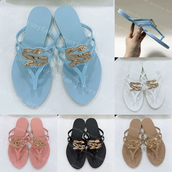 Women Flip Flops with Gold Metal Logo Detail Flat Summer Beach Thong Sandals, Non-Slip & Waterproof Slides for Casual & Vacation Wear 35670