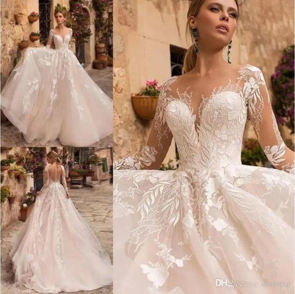 Navy blue Wedding Dresses Sheer Neck Long Sleeve Lace Applique Bridal Gowns Custom Made Beach Wedding Dress