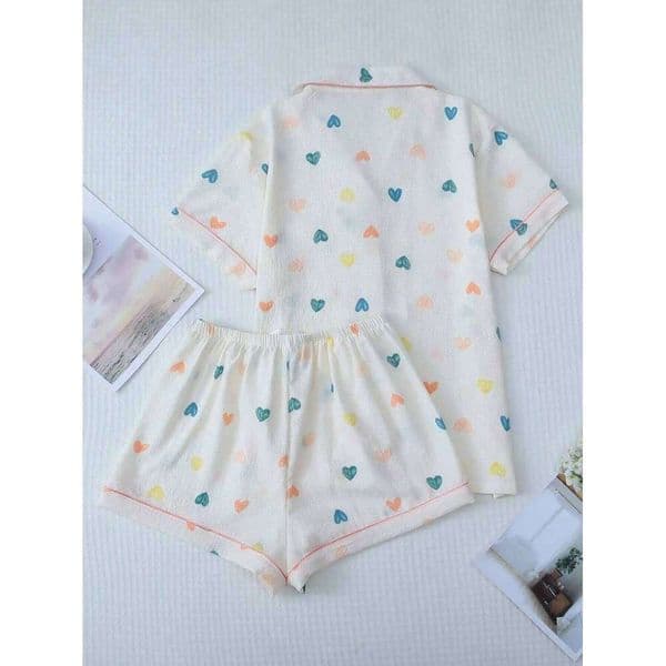 Pajamas Heart Print Pajama Elegant Sweet Cute Lapel Button Up Top and Bow Shorts Women Sleepwear & Loungewear Set