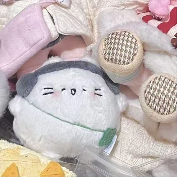 Cute Fluffy Round Cat Plush Keychain with Headphones & Lucky Clover