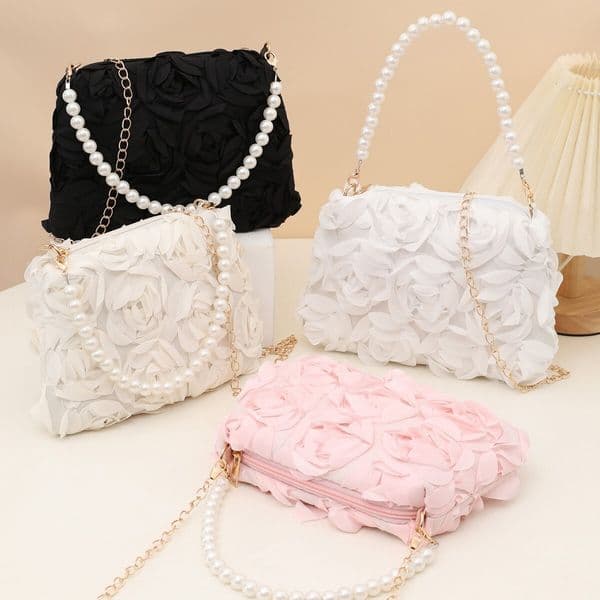Best seller Three-dimensional flower bag with pearl chain and rose petal design, crossbody handbag daily use, available for foreign trade dropshipping