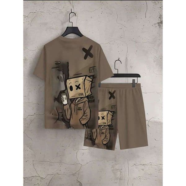 Summer fashion men's cartoon cardboard doll print breathable round neck T-shirt shorts outdoor street casual two-piece set