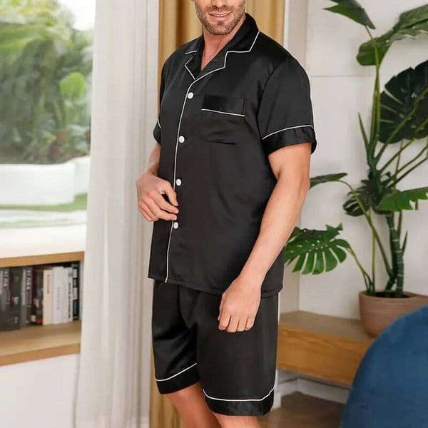 2pcs/Set Men's Pajamas Set For Summer Black Short Sleeve Button Down Shirt Top & Sleepwear Loungewear Shorts Suit Pyjamas
