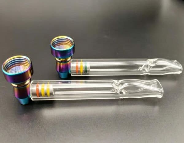 Glass Smoking Pipe with Metal Bowl One Hitter Cigarette Tobacco Filters Herbal Oil Burner Pipes Tool Accessories 3 Types Monthpiece