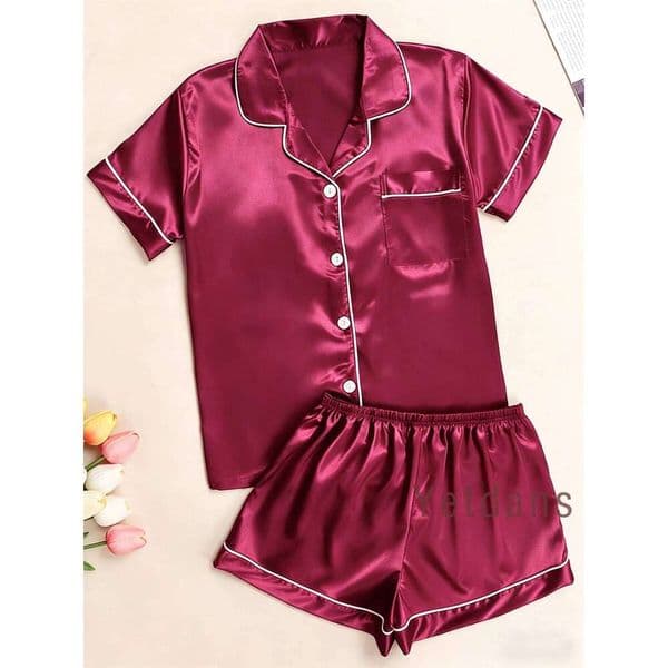 Women's Faux Silk Pajama Set 2Pcs Short Sleeve Button Down Top & Shorts Notched Collar Silky Breathable Loungewear Pyjama Sets
