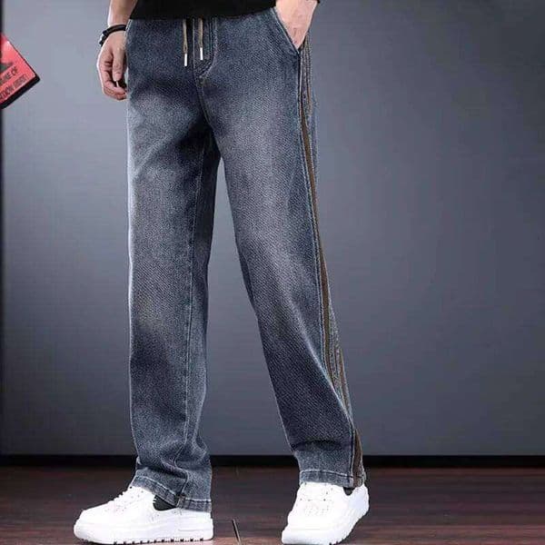Korean Jeans Fashion Casual Retro Men'S Straight Leg Side Striped Denim Drawstring Pants