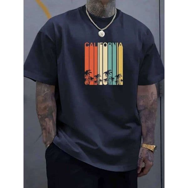 European American men's summer fashion striped patchwork print soft and breathable round neck T-shirt outdoor casual top