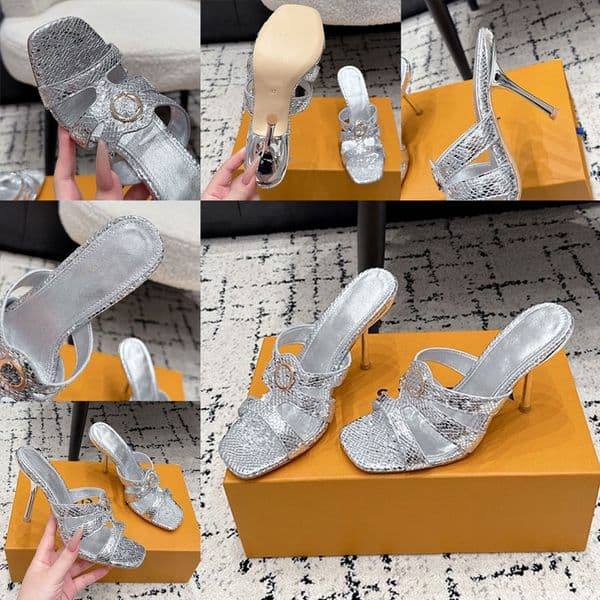 Designer Womens 6AM Mule 1AK2R0 Elegant Ladies Metallic Ayers Snakeskin Pump Luxury Three Gracefully Tapered Straps Summer High Heels Leather Outsole Size 35 42