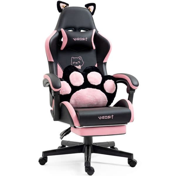 Cute Cat Gaming Chair with Paw Lumbar Cushion PC Video Gamer Chair for Girl Teen Woman (Black)
