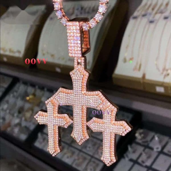 New Trendy Man Jewelry Large Size Three Cross Pendant Iced Out 925 Sterling Silver VVS Moissanite Diamond Pendant Necklace
