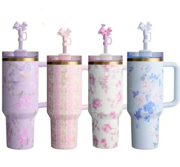 DHL Mugs 40 oz Rosa Beaux blue Pink Rose Lilac Floral Tumblers Clean Slate Warm Cool Serene Stainless Steel Cups Purple Stars 40oz Car Mug GG1116 With bow topper