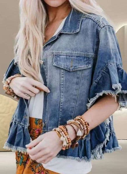 Gradient-colored short-sleeve denim jacket with ruffled raw-edge detailing