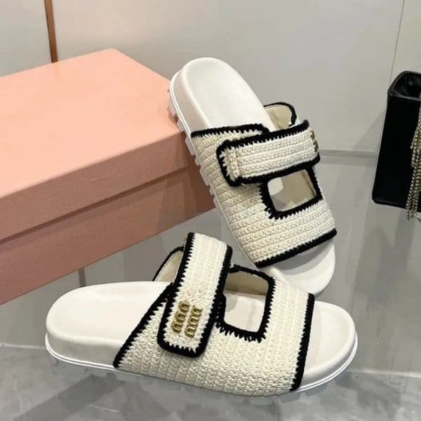 Designer Slippers MM Sandals Womens Fashion Raffia-effect Woven Fabric Slides White Natural Flat Slipper Summer Beach Indoor Slide Women Flip Flops Sandals SlideAA