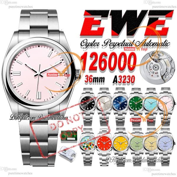 126000-0001 A3230 Automatic Unisex Mens Womens Watch EWEF 36mm Pink Stick Dial 904L Steel Bracelet With NFC Serial Card CHS Ladies Puretimewatches Max Version