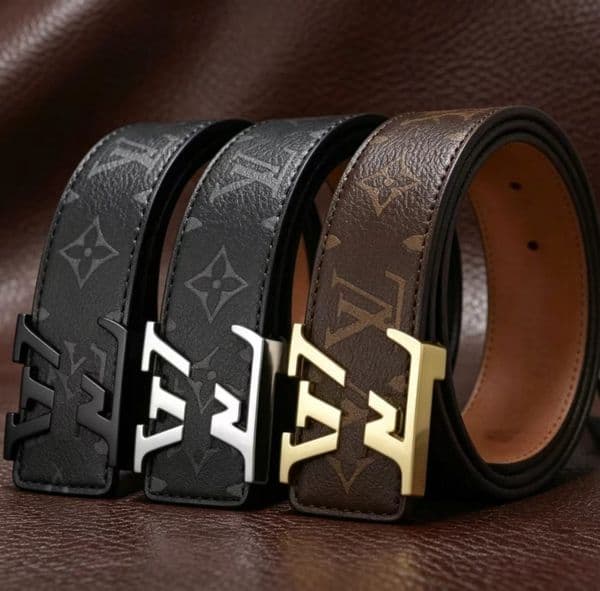 Luxury Designer Leather Belt for Men Classic Monogram Pattern Waist Belt with Metal Letter Buckle Business Casual Adjustable Dress Belt for Jeans