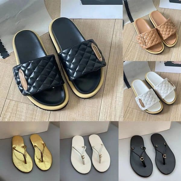 Designer Sandals Women Slides Sandals Style Black Quilted Flat Slippers Women Metal One-Band Sandals Flat summer slippers for outdoor Wear Casual Outdoor Beach