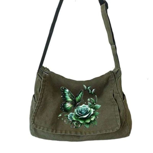 Retro Women's Shoulder with Butterfly Floral Print Large Capacity Crossbody Laptop Bag For Women Commuting