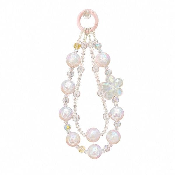 Pink Iridescent Flower Phone Charm Strap Wristlet Anti-drop Pearl & Crystal Beaded Phone Lanyard