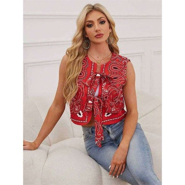 HH Women Fashion Paisley Print Vest Front Bow Lace Up O Neck National Style Vests Sleeveless Waistcoat Vintage Red Tank Tops
