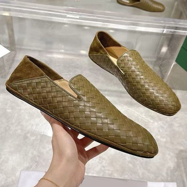 Fashion Weave Genuine Leather Leathers Mens Ladies Flat Moccasin Sandals Soft Comfortable Suede Splicing Penny Loafer Suitable Formal Events
