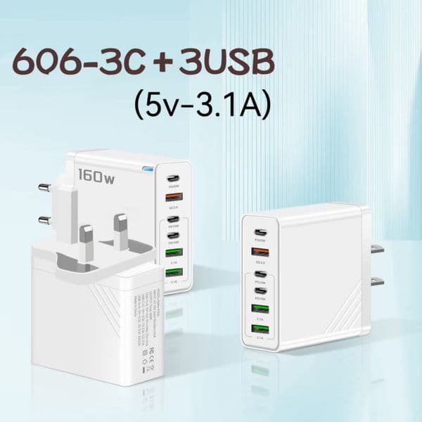 Model 606 multi-port PD fast charger with 3 USB ports + 3 TYPE-C ports. Suitable for European, American and British standards. Compatible with Apple, Huawei and Xiaomi plugs.