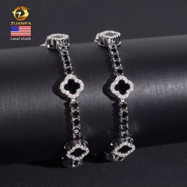 USA Local Stock 3mm Diamond Black Agate Iced Out Bracelet Hip Hop Jewelry 925 Silver Black VVS Moissanite Clover Tennis Bracelet