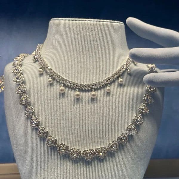 Luxury austria crystal pearl double layer choker necklace for women silver shine sparkling diamond love heart designer charm elegant chokers necklaces jewelry
