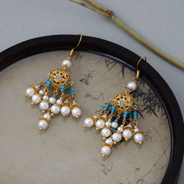 Vintage pearl tassel retro real gold hollow ball filigree inlaid with turquoise, Chinese-style high-end earrings for women