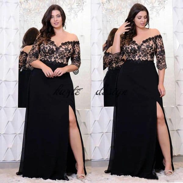 Black Lace Plus Size Prom Dresses With Half Sleeves Off The Shoulder V-Neck Split Side Evening Gowns A-Line Chiffon Formal Dress