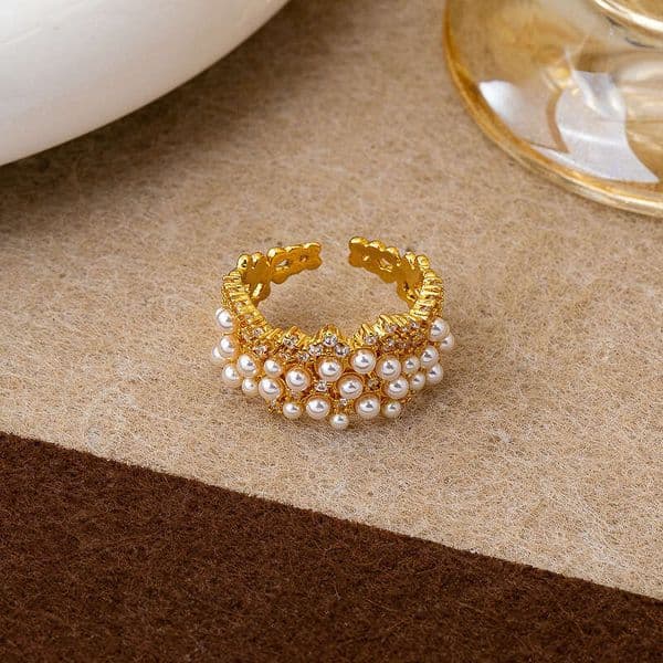 French-style light luxury elegant pearl zircon starry sky ring, copper plated real gold, adjustable open ring with a high-end feel for women