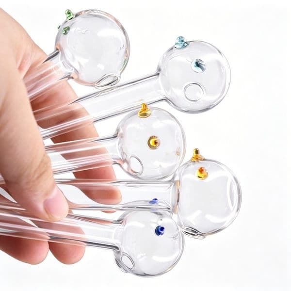 Wholesale Straight Clear Travel 12cm mini Glass Oil Burner pipe Thick heady Big 30mm Ball Smoking Accessory Hand tube nails pipes with colorful balance dot