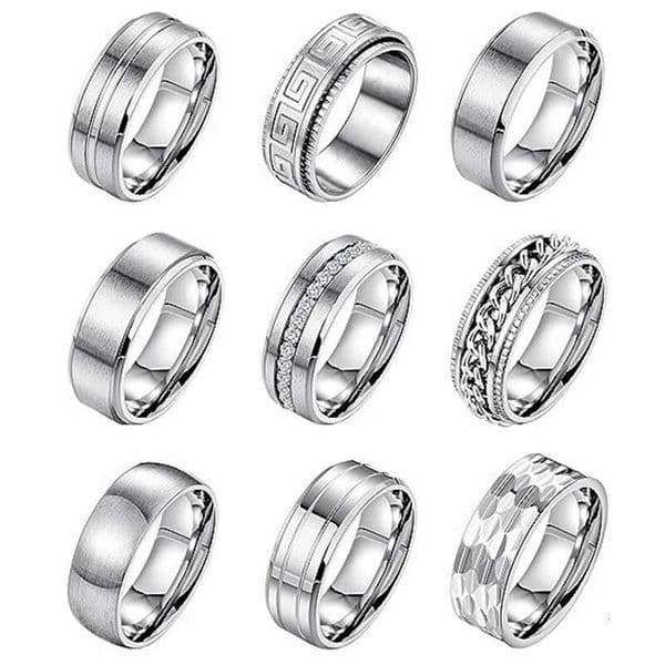 9-piece of 8mm titanium steel chain rings for men and women, simple brushed wedding engagement ring set