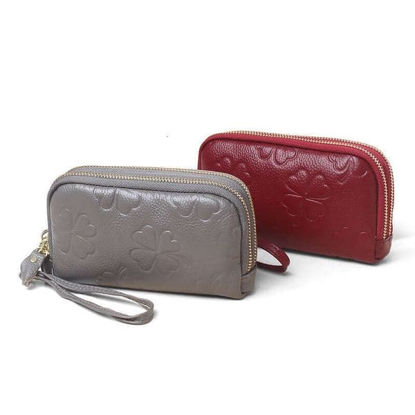 Luxury Brand Designer Bag Top-Layer Cowhide Double-Zipper Wallet, High-End Four-Leaf Clover Embossed Clutch Bag, Versatile Women's Purse