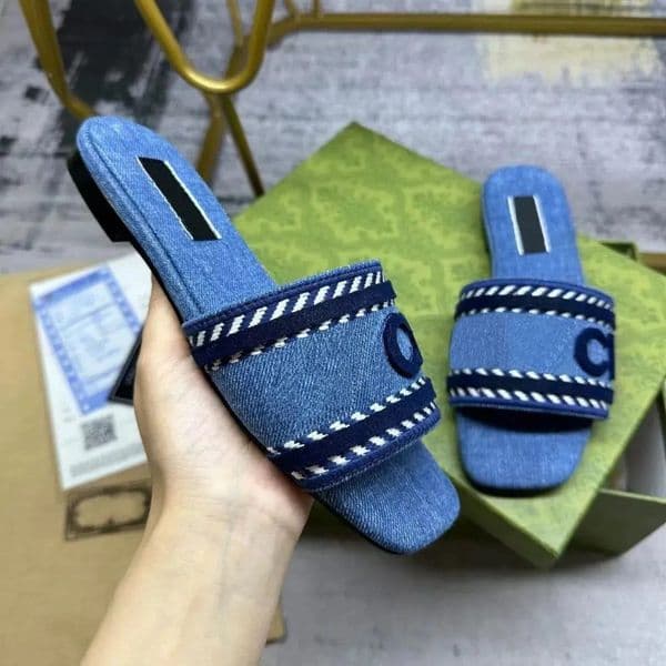 Women Designer Sandals Denim Slippers Mule Flat Slides Rubber Sliders Fashion Beach Slide Casual Outdoor Summer Sandale Shoes Size 35-42