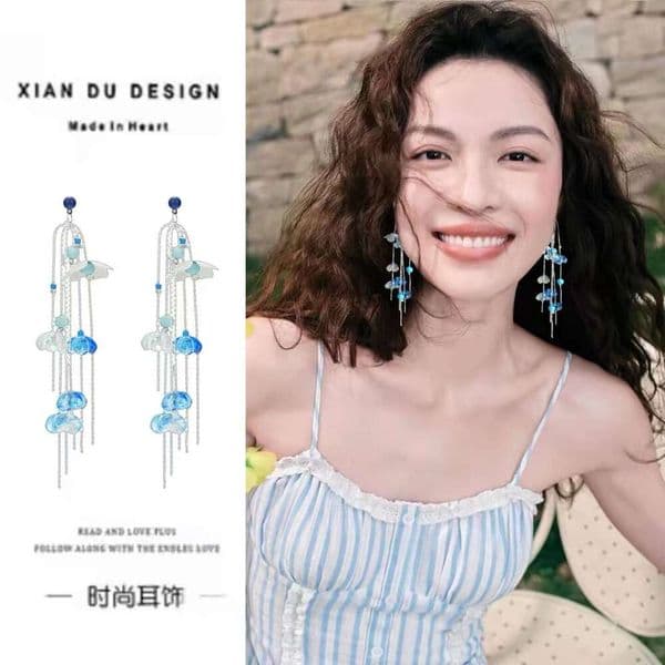 Designer Jewelry Luxury Jewelry Blue Sweet Floral Tassel Earrings For Women, Unique Design With A High-End Feel, Beach Vacation Style Versatile Ear Accessories